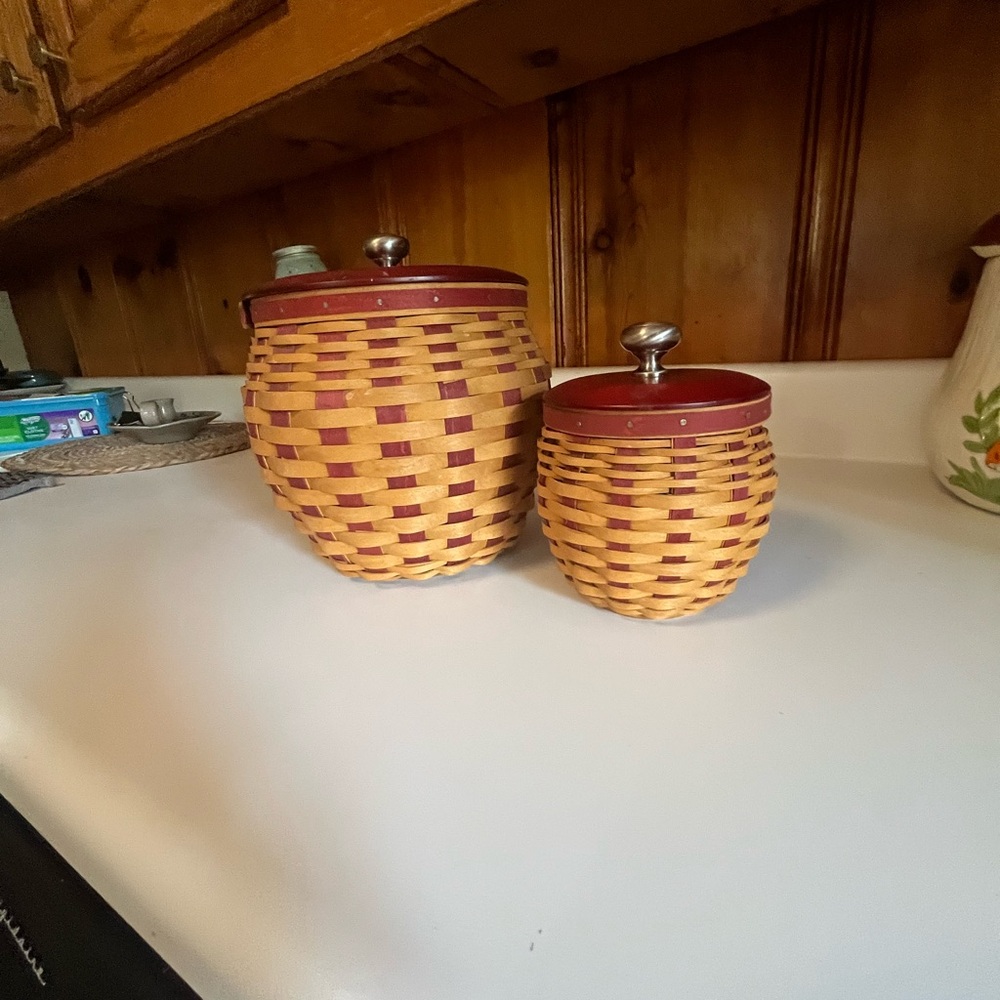 Longaberger Natural and Burgundy Woven Canister Set with Metal Knobs - Picture 5 of 6